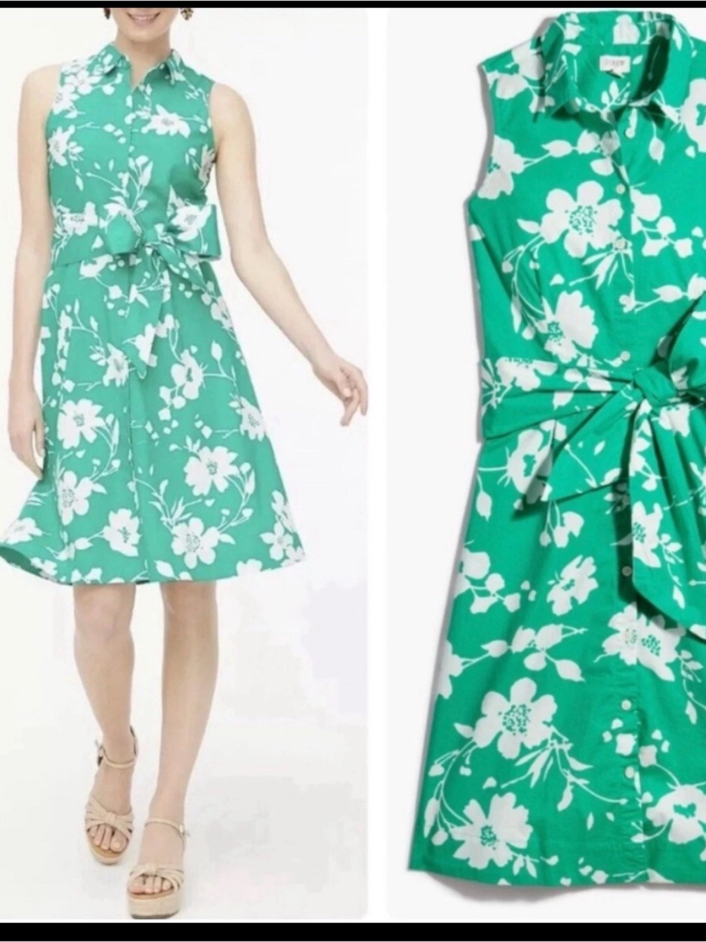 J.Crew Florence Sleeveless Tie-Waist Shirt Dress Floral Green White Size 8